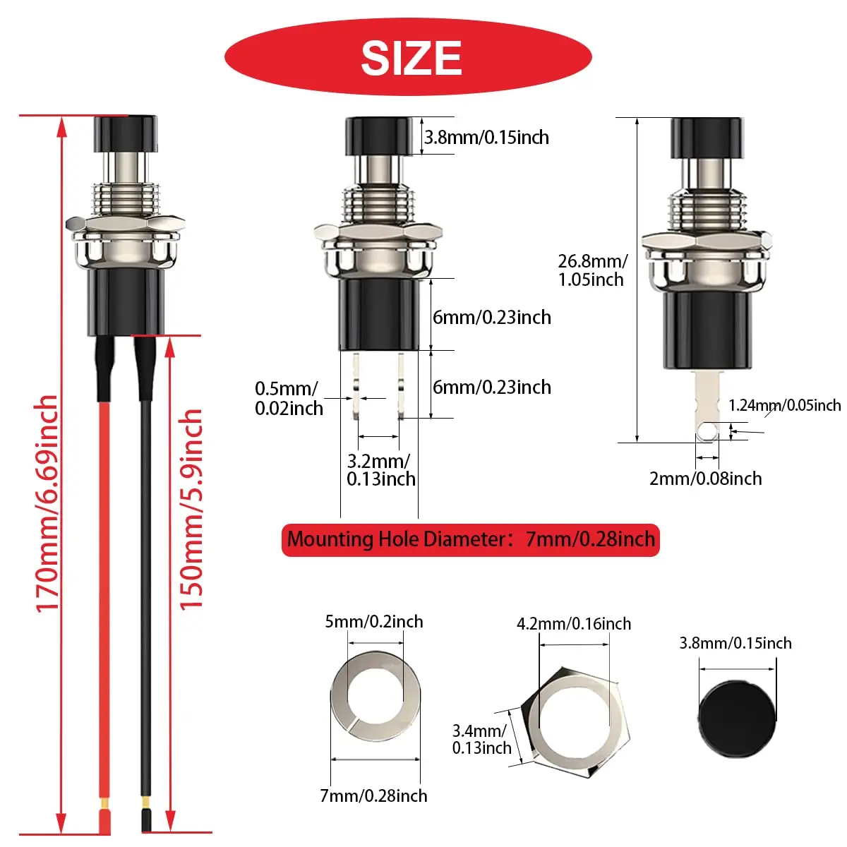 10pcs 7mm Mini Round Pushbutton Switches 1A 250V AC 2 Pins SPST ON Off Momentary Push Button Switch with Pre-soldered Wires