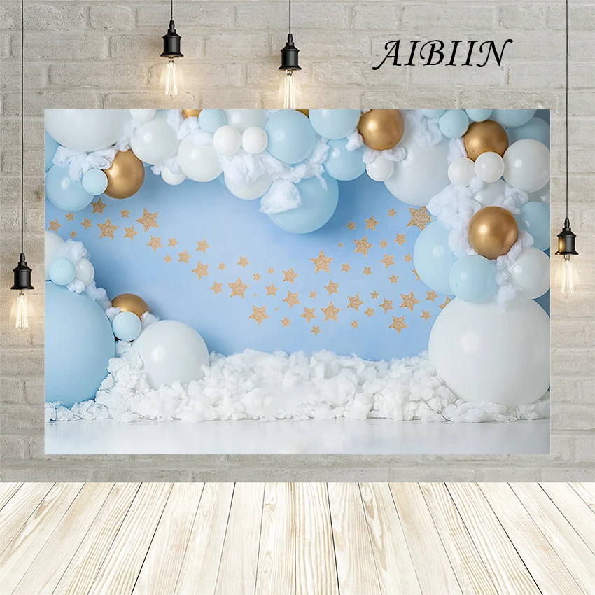 AIBIIN-Décors de joyeux anniversaire pour la photographie, nuages blancs, ballons dorés, étoiles, bannière de fête pour enfants, décoration de fond,