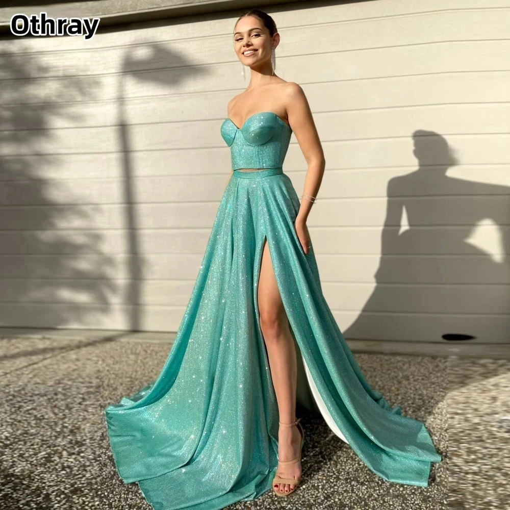 

Othray Sequined Sweetheart A-Line Evening Dresses Side Split Corset Sweep Prom Gowns Sleeveless Floor Length Formal Party Gowns