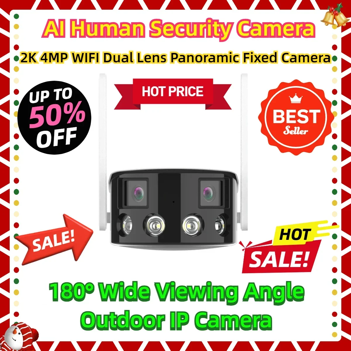 

AI Human Security Camera ICsee 2K 4MP WIFI Dual Lens Panoramic Fixed Camera 180° Wide Viewing Angle Outdoor IP Camera