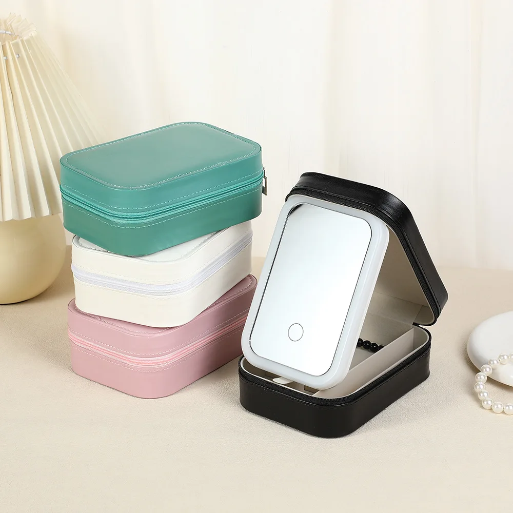 

Cosmetic Box Leather Portable Travel Waterproof Luxury Makeup Mirror Jewelry Box with LED Light and Mirror