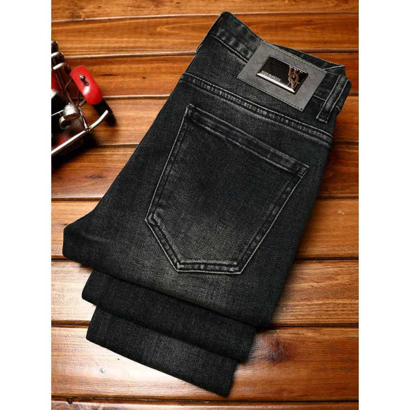 Celana jeans denim kasual pria, celana denim kasual tren retro serbaguna modis elastis slim fit mewah ringan modis untuk pria