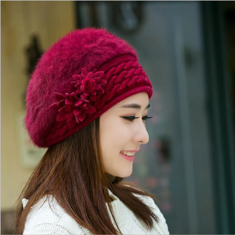 Women\'s Winter Hats rabbit knitting wool skullies female warn hat cap wholesale Fur Beanies Hats Adults Casual Female Skullies