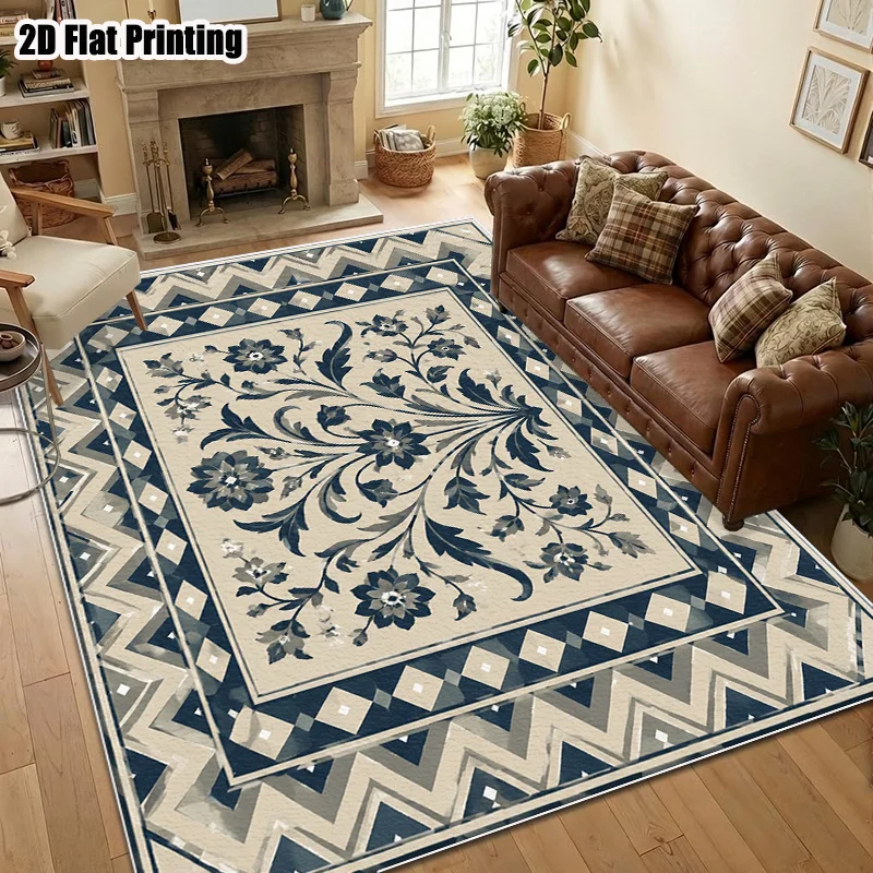 Vintage Blue Floral Area Rug, Boho Traditional Ornamental Floor Carpet, Cream‑Beige Background Geometric Border Rug for Living Room Bedroom Entryway Home Decor