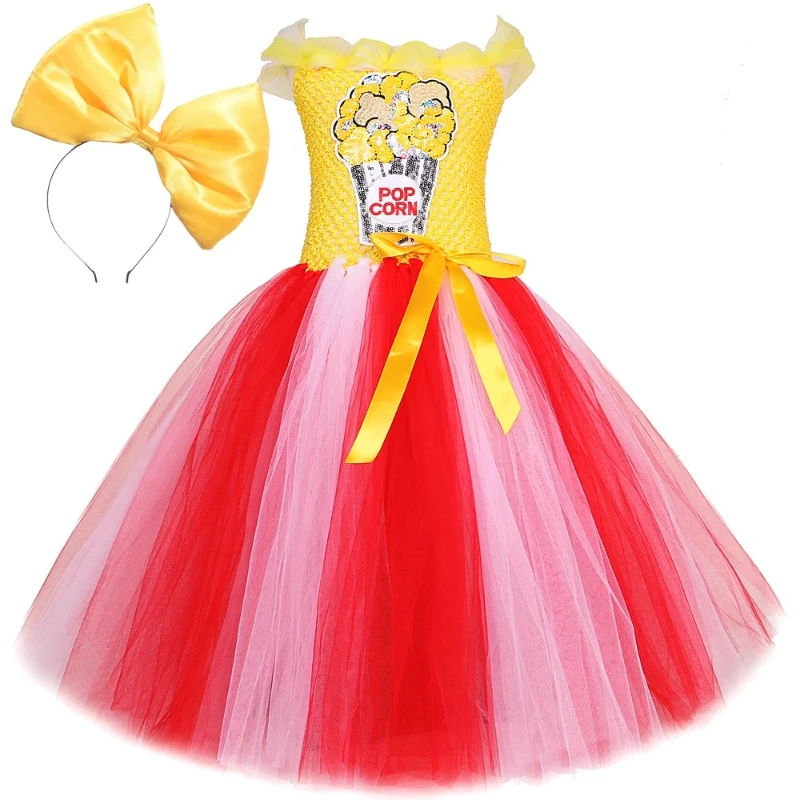 Robes longues de pop-corn pour enfants, fête d'anniversaire, Halloween, Costumes rouges et jaunes, Tutus de noël pour filles, tenue de spectacle avec grand nœud