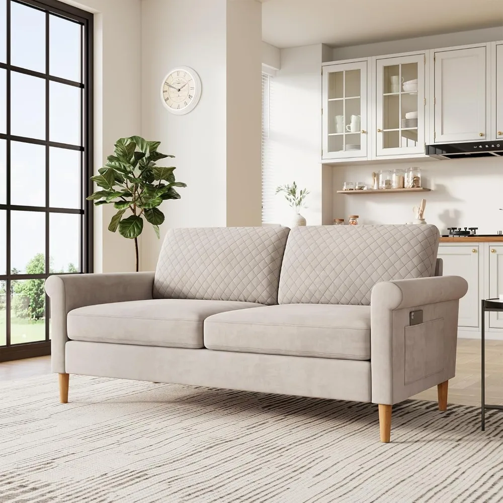 

65" Beige Loveseat, Comfy Mid-Century Modern 2-Seat Sofa, No-Tool Assembly Small Couch for Living Room & Bedroom