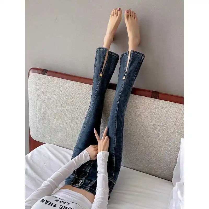 

High Waist Thin Blue ey Nine Points Flared Jeans Women's Versatile ort Stature 50 Nine Split Flared Pants Summer