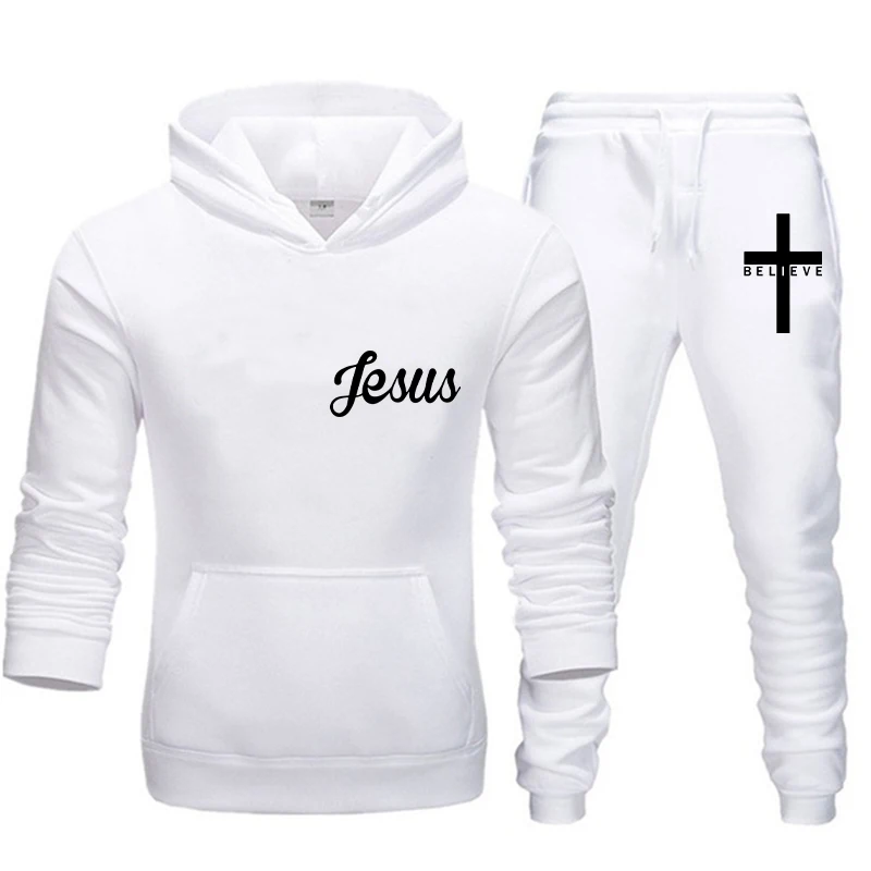 Autumn Winter Men's Sports Casual Suit Latest I Believe in Jesus Christ Printed Solid Color Hooded Drawstring Design Sports