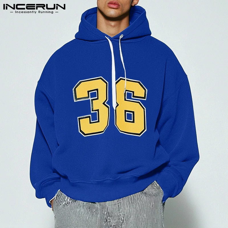 2024 INCERUN Men Casual Long Sleeve Hooded Sweatshirts Sport Style Digital Printing Loose Pullovers Simple Handsome Male Jumpers