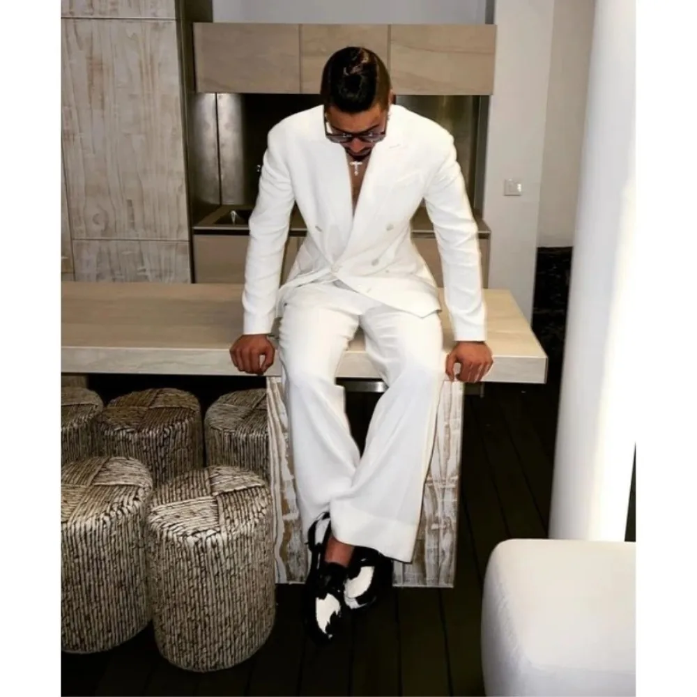 

White Men's Suits Casual 2 Pieces Blazer Pants Double Breasted Jacket Pant Formal Business Workwear Clothes Custom Male Sui