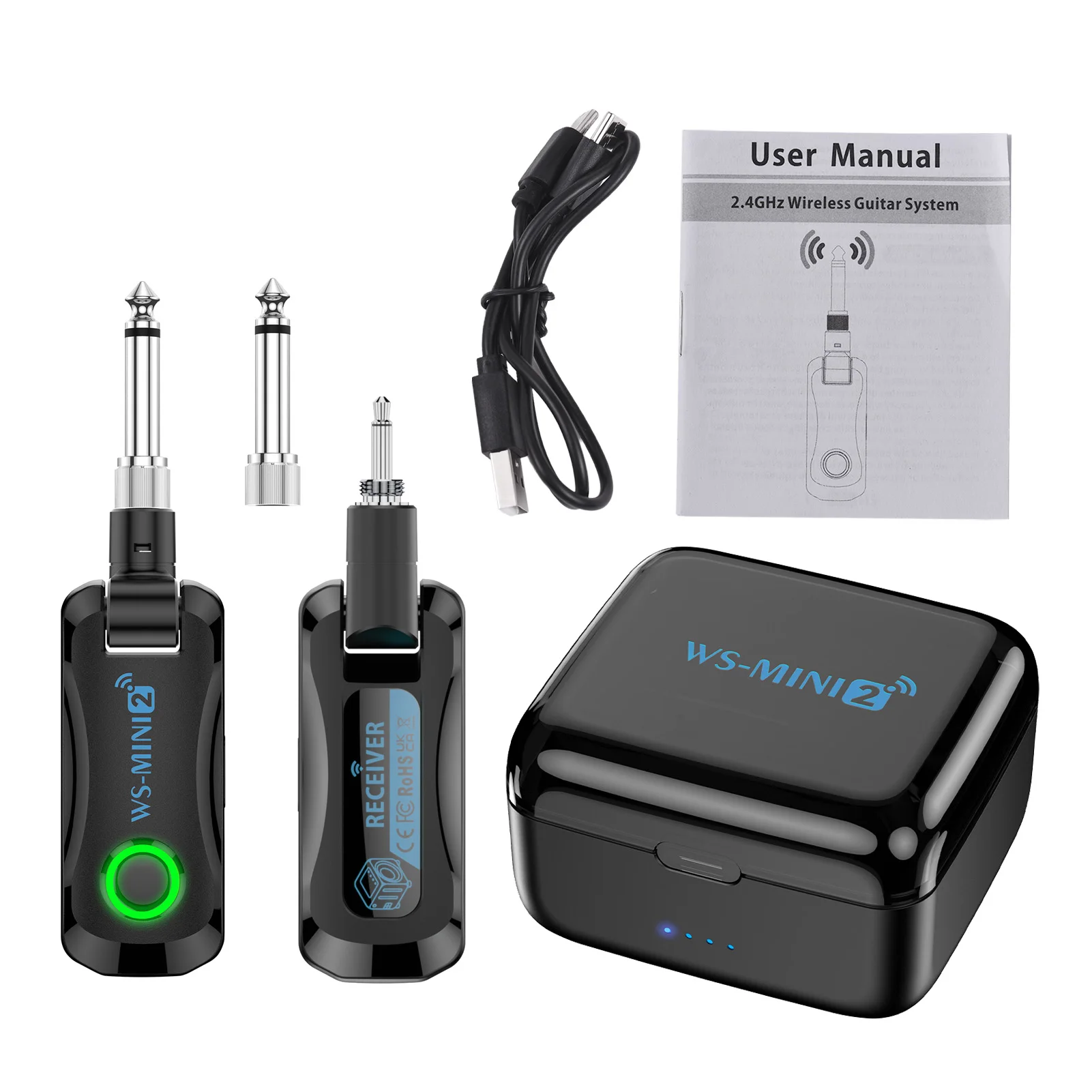 

2.4G Wireless Guitar System Rechargeable Portable Transmitter Receiver Set with Charging Compartment Audio System for Electric