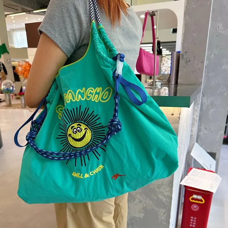 Black Extended Shoulder Strap Niche Design Embroidery Eco-Friendly Tote Bag Nylon Shopping Bag Tote Bag