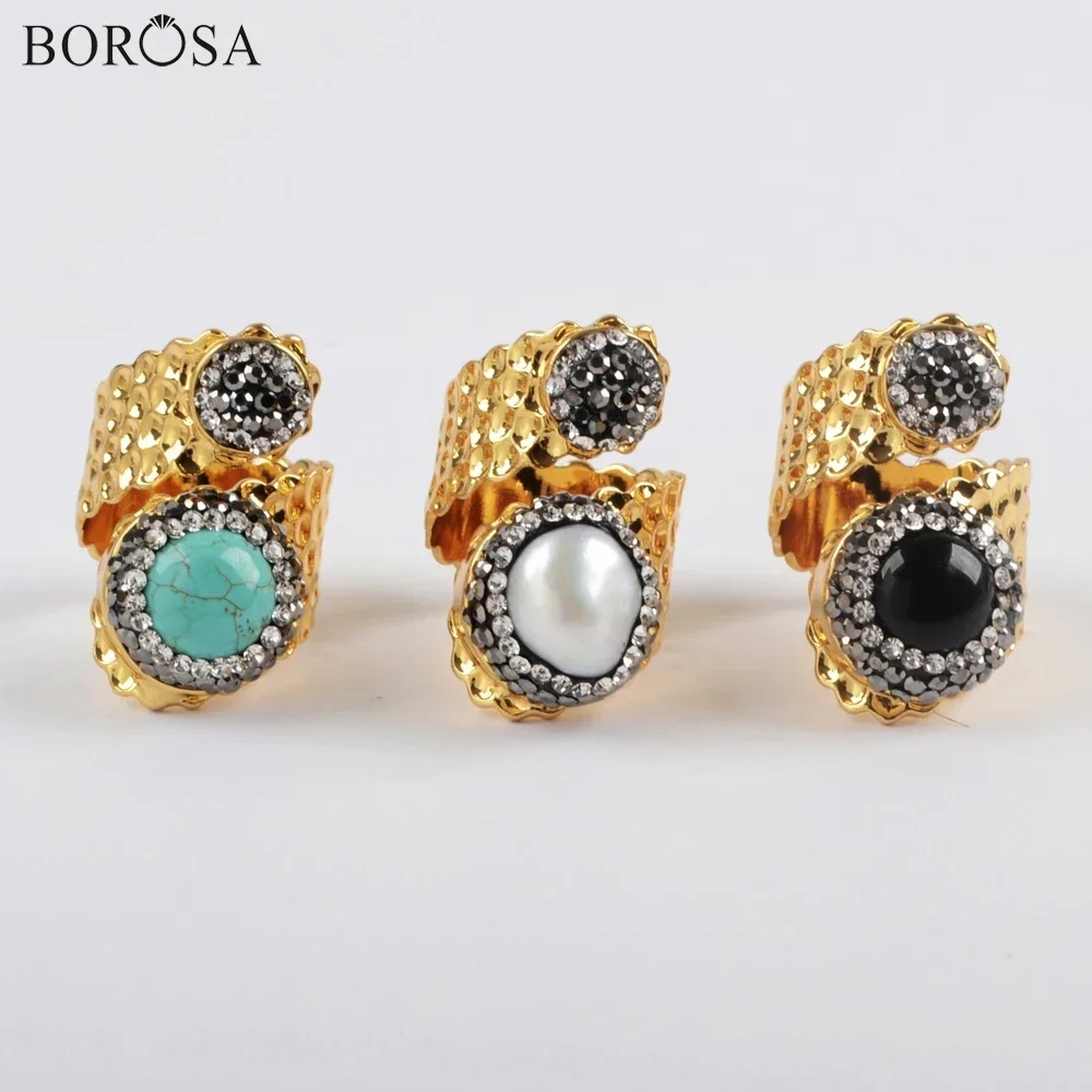 

5Pcs Gold Plated Double Round Pearl Blue Howlite Turquoises Black Agate Rhinestone Paved Band Ring Jasper Adjustable Women Ring