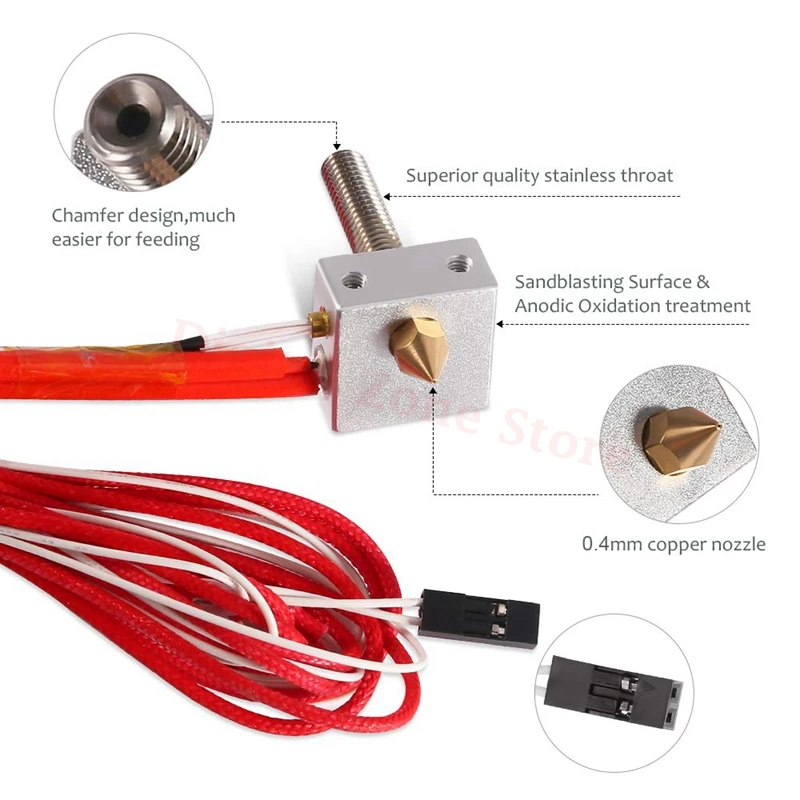 12V 40W MK8 Assembled Hotend Extruder Kit Aluminum Heating Block, Throat Tube, 0.4mm Nozzles, Thermistor 3D Printer Accessories