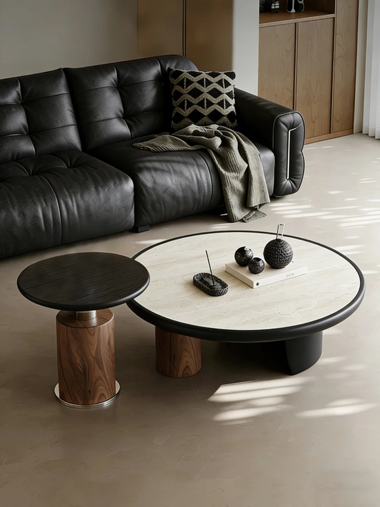 

Travertine, round, coffee table combination, living room, small apartment, household
