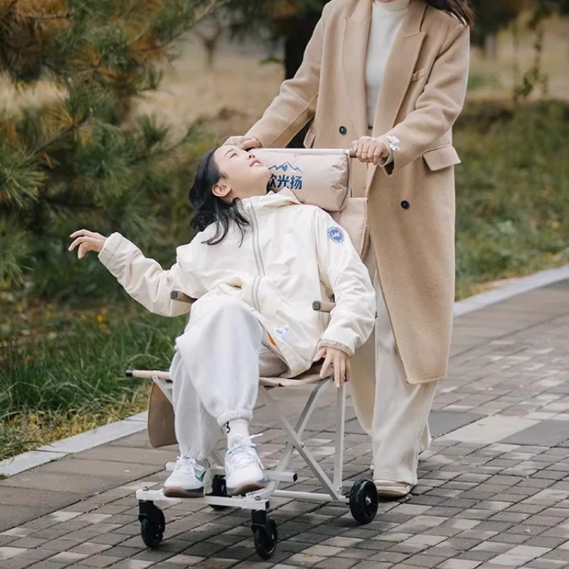 

Big Kid Travel Compact Children's Moon Chair with Wheels Strollers Can Sit or Lie Down Four-Wheeled Outdoor Folding Chair Cart