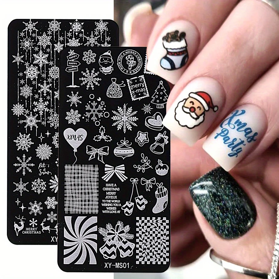 

2pcs Christmas Series Nail Art Template Winter Cartoon Penguin Santa Snowflake Pattern Xmas Stencil Mold Manicure Printing Tools