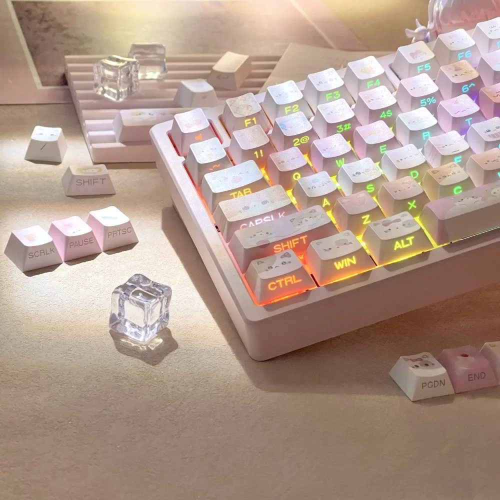Meow Meow Pink KeycapsOriginal side-engraved translucent keycaps135pcs heat sublimation wooting