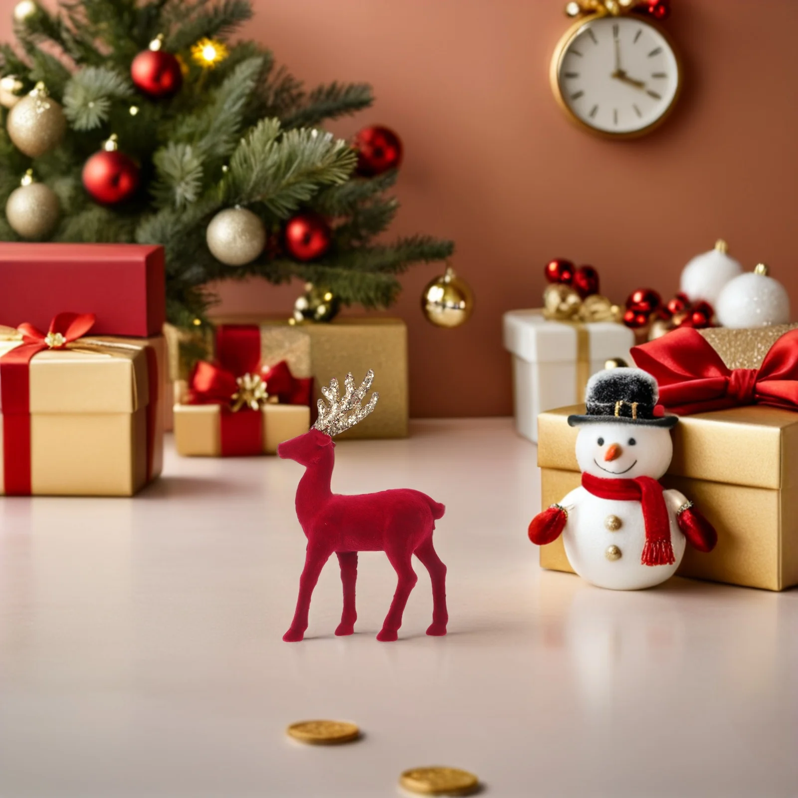 

Red Flocked Glitter Reindeer Deer Statue Christmas Tabletop Decor Holiday Centerpiece Winter Themed Home Decoration