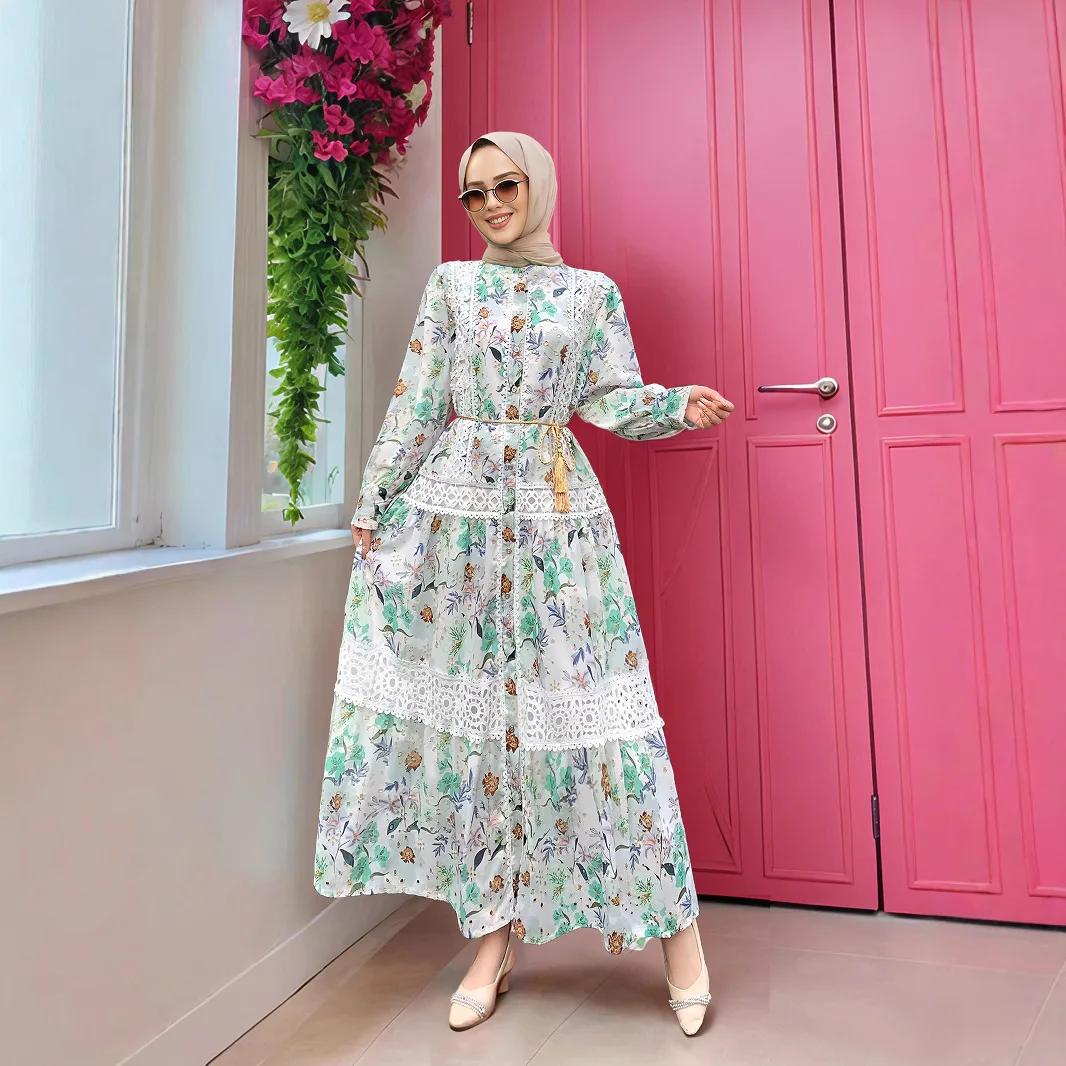 Printemps mode musulmane Abaya Vintage tunique décontracté robe mi-longue femmes lanterne manches Empire Patchwork imprimé évider robe en dentelle