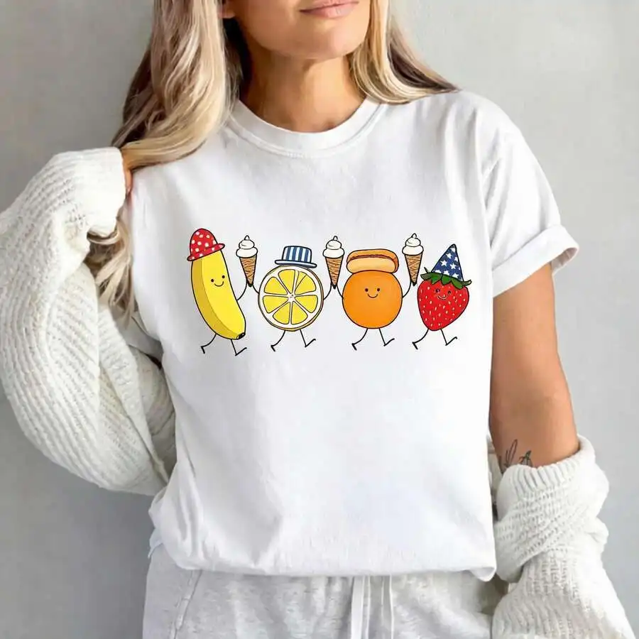 Cute Fruit And Ice Cream Characters Vacation Back To School Graphic T‑Shirt Crew Neck Short Sleeve Casual Tee