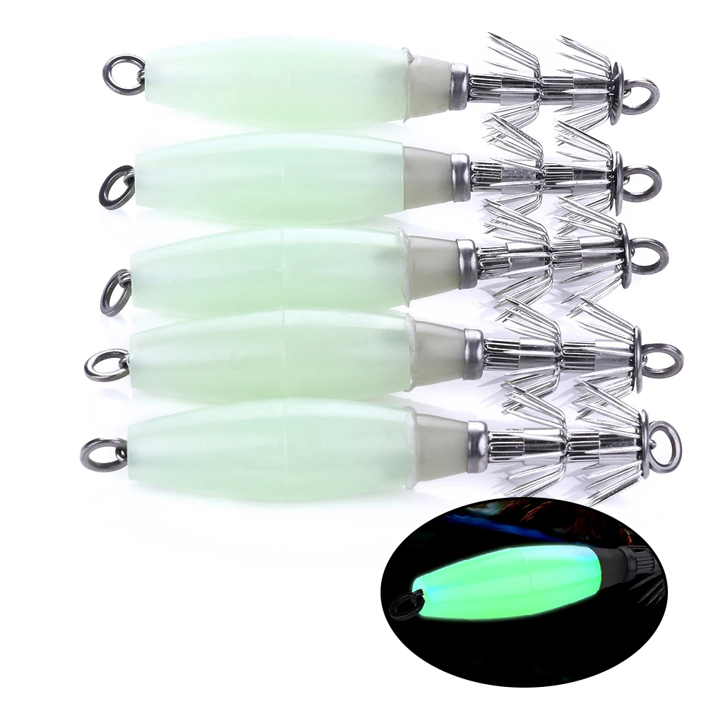 5 Stück/Leuchtender Tintenfisch-Jig-Set, Nachtfischköder, leuchtender Holz-Garnelenköder, Nachtangeln für Meeresangeln, Angelzubehör