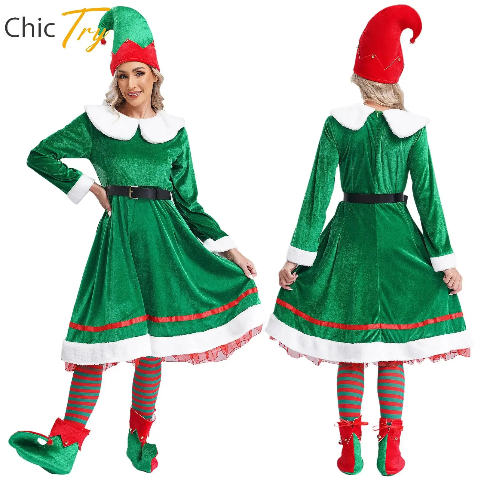 Conjunto de disfraz de Cosplay para mujer, traje de Navidad encantador, traje de elfo, ropa, vestido de franela con campanilla + sombrero con cinturón, medias a rayas, 5 uds.