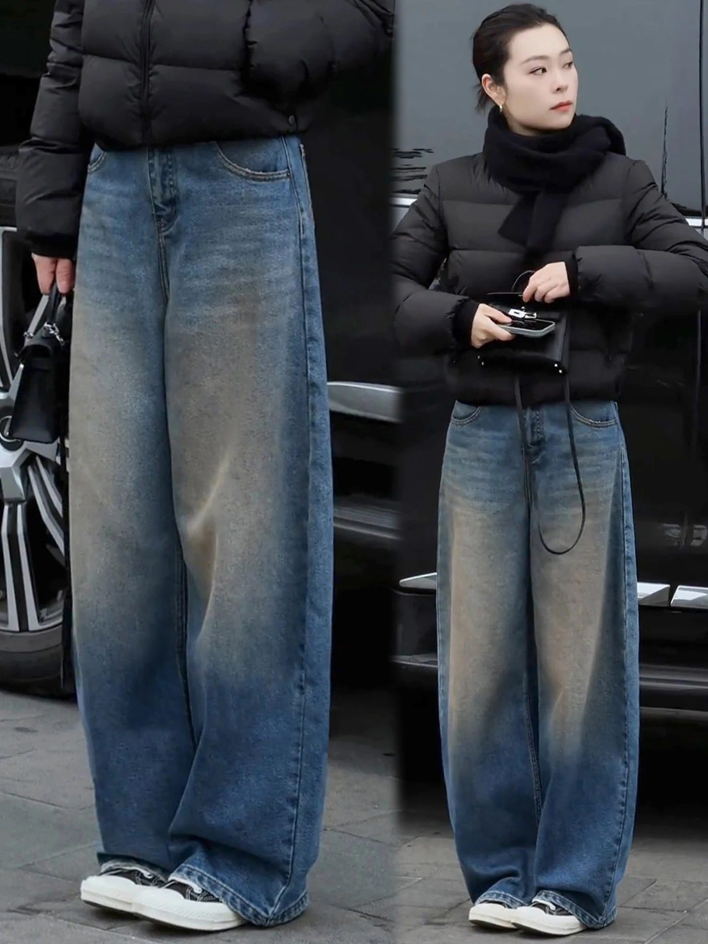 

Retro Knife Embroidered Fleece Lined Wide Leg Jeans Women's High Waist Slimming Denim Pants Autumn Winter Casual Wear