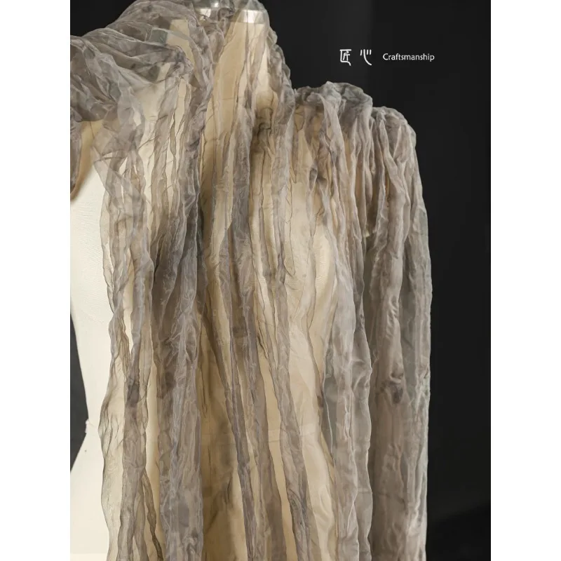 Smoke Withered Coffee Leaves Dyed High-density Yarn with Folded Texture Organza Fabric Cardigan Skirt Pants Clothing Designer