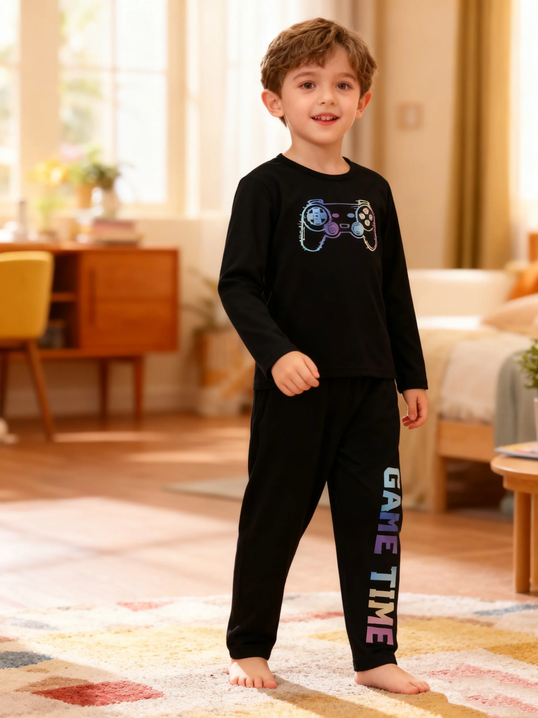 Conjunto de roupa temática de jogo para meninos, outono inverno, fundo preto legal, gradiente, controlador de jogo, estampa fofa, roupas infantis