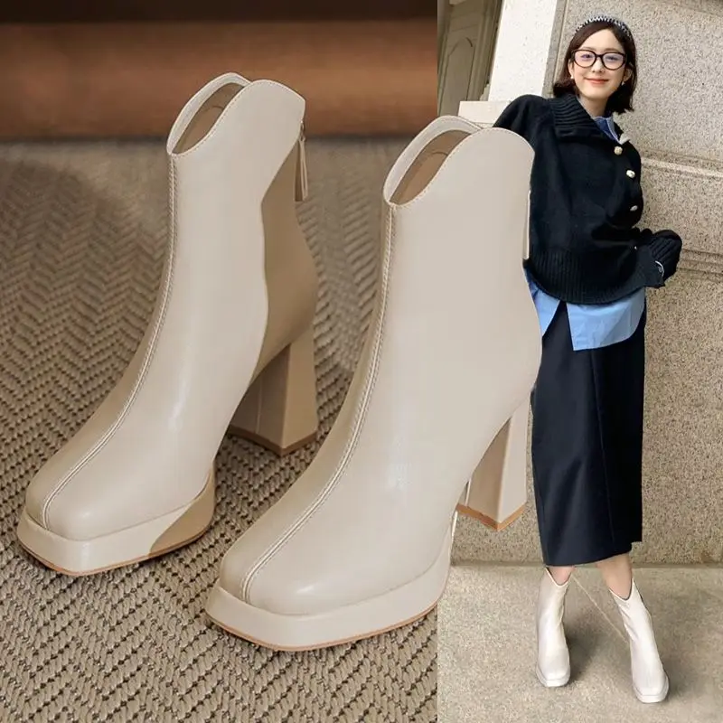 

British Style Square Toe Ankle Boots for Women Spring Autumn Back Zipper High Heel Chelsea Boots Ankle Boots Women