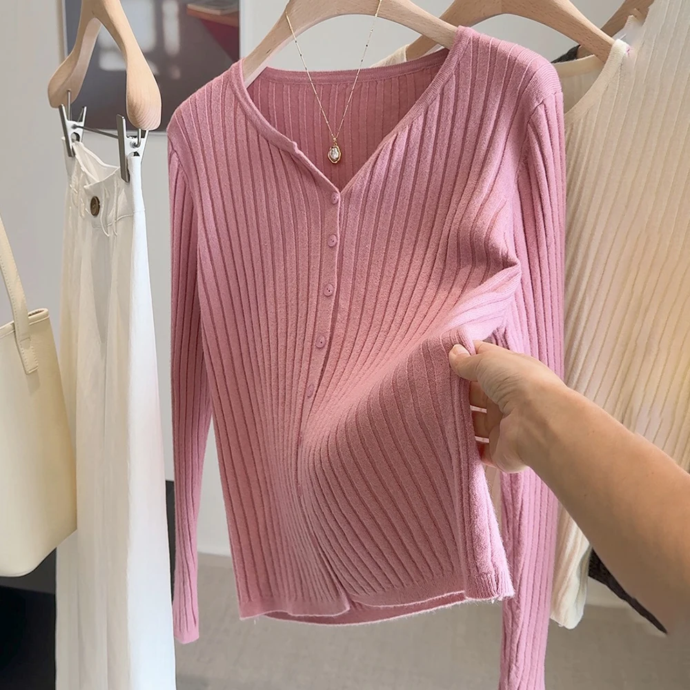 

Casual V-neck Pit Striped Knit Cardigans Women Long Sleeve Solid Color Knitted Coat Autumn Thin Outerwear Sweater Top Base Shirt