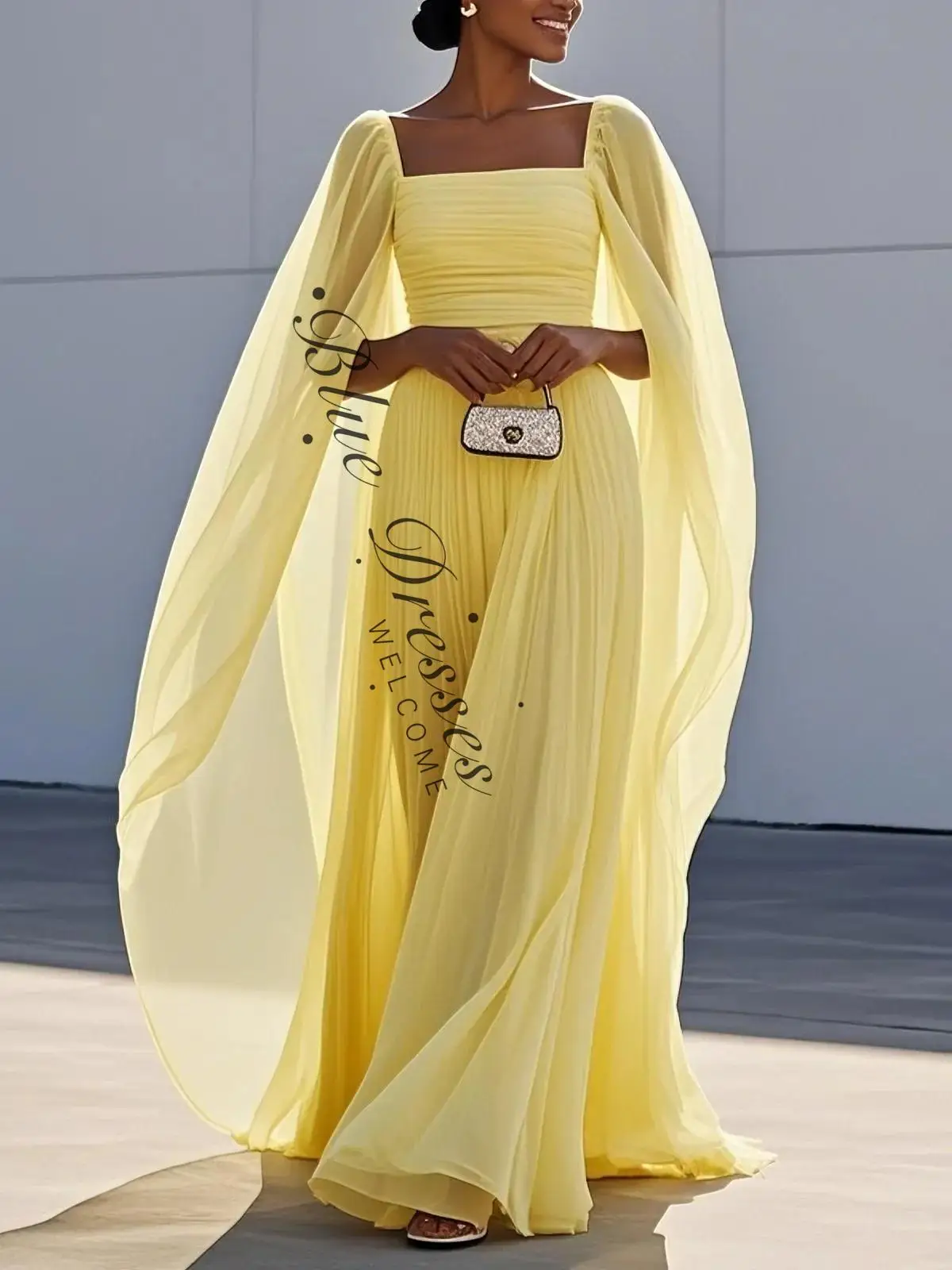 

Длинные желтые вечерние платья по индивидуальному заказу с накидкой, шифоновое платье трапециевидной формы с квадратным вырезом, плиссированное вечернее платье на молнии длиной до пола для женщин