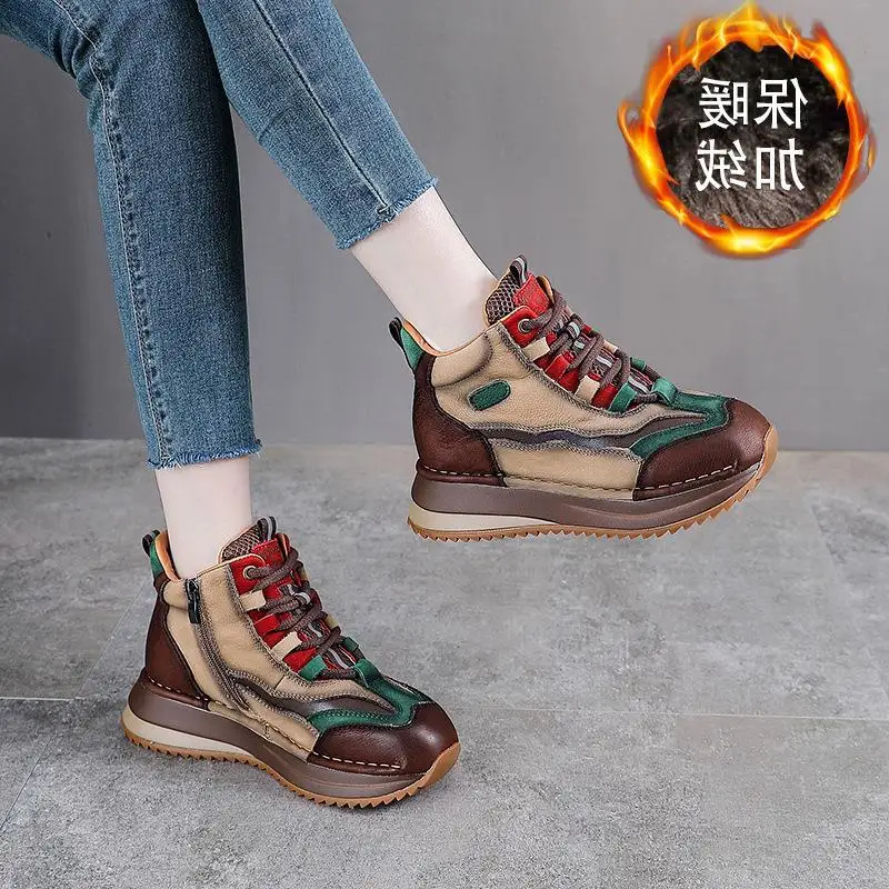 

Women's Boots Real Leather Fleece Lined Thickened Snow Boots Casual Low Top Boots Comfortable Cotton Shoes