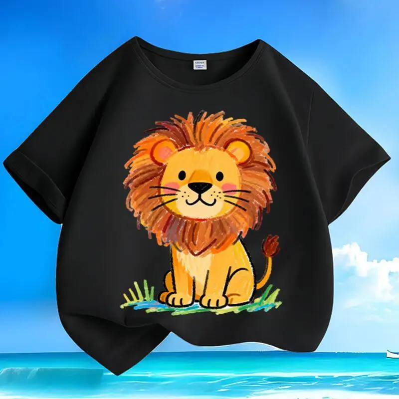 New Summer Graffiti Cute Lion Pure Cotton Printed Children's Round Neck T-shirt Loose Casual Short Sleeved Parent-child Top view 3