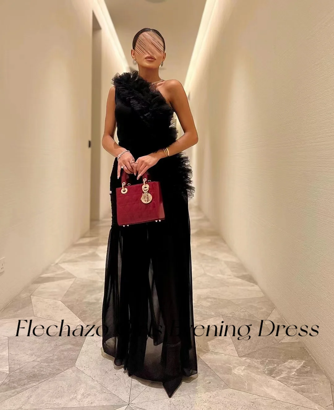 Flechazo Black Chiffon Evening Dresses One Shoulder Pleated Tiered Illusion Elgeant Party Dress For Women 2024 فساتين السهرة