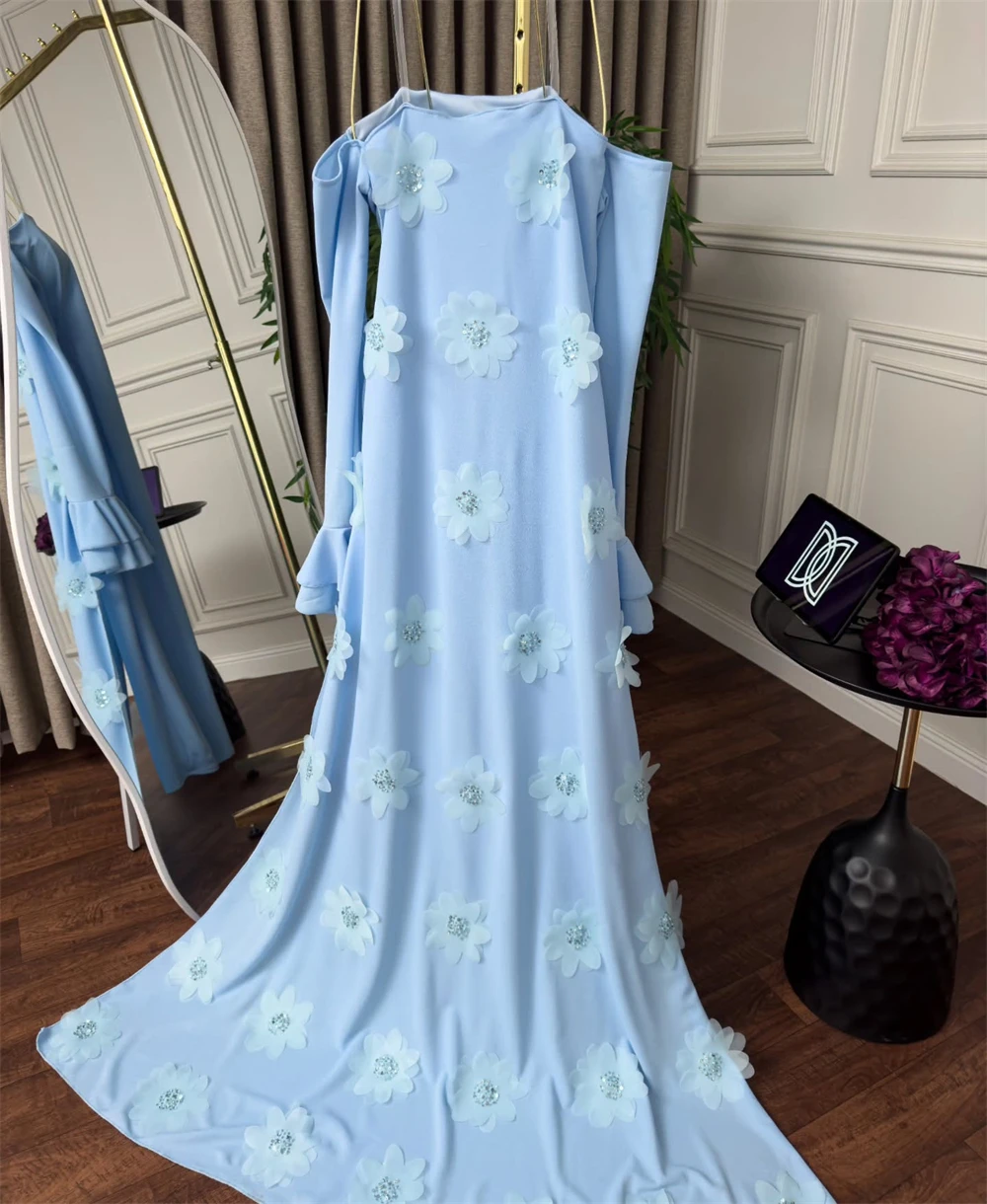 Abito da sera personalizzato Squisiti spalline maniche lunghe Abiti da ballo Sirena Cappella Treno Appliques Abiti da ritorno a casa