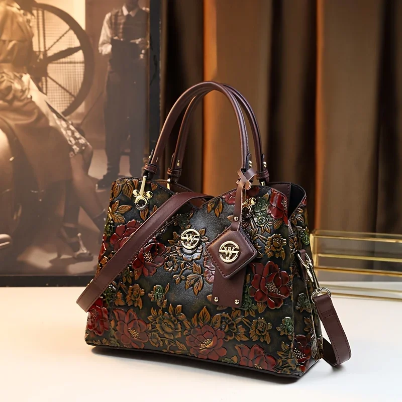 New Vintage Flower Pattern Handbag, Luxury PU Leather Tote Bag, Fashion Crossbody Bag For Women