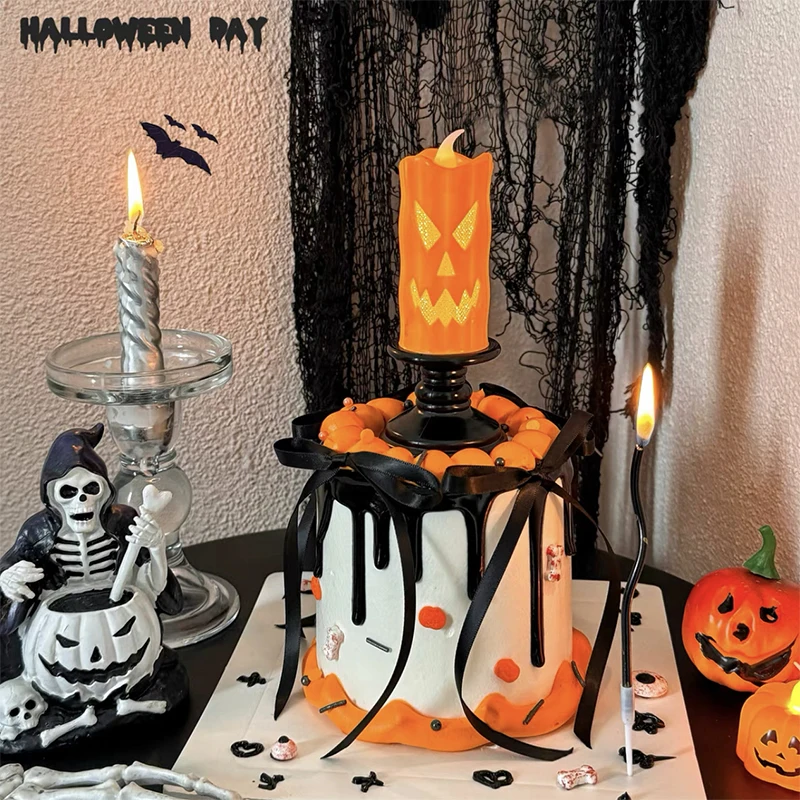Halloween Luminous Ghost Face Pumpkin Candlestick Lamp Internet Celebrity Baking Cake Decoration Ornaments Ribbon Candle for Hol
