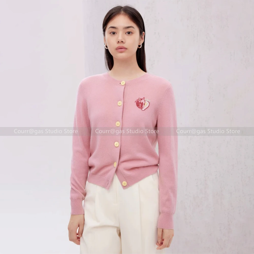 French Aging Fresh Pink Solid Colour Heavy Embroidery Wool Blend Knit Long Sleeve Cardigan