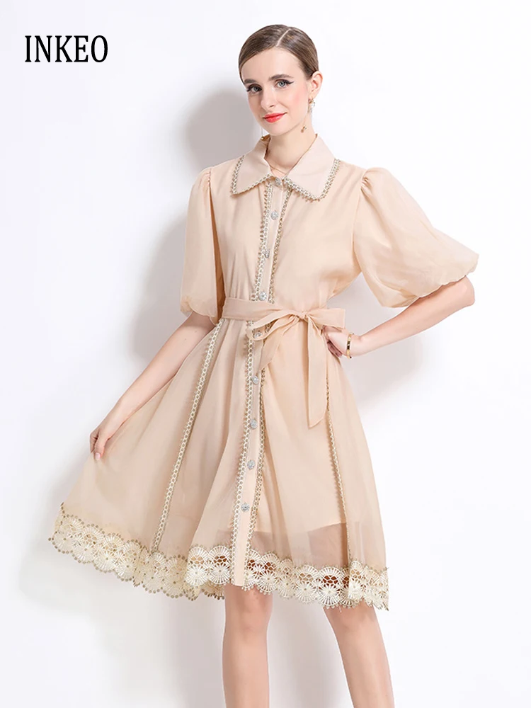 Vintage Women Lace patchwork shirt dress 2025 Summer Luxury Short puff sleeve Mini dresses with sashes Ladies Beach INKEO 5D182