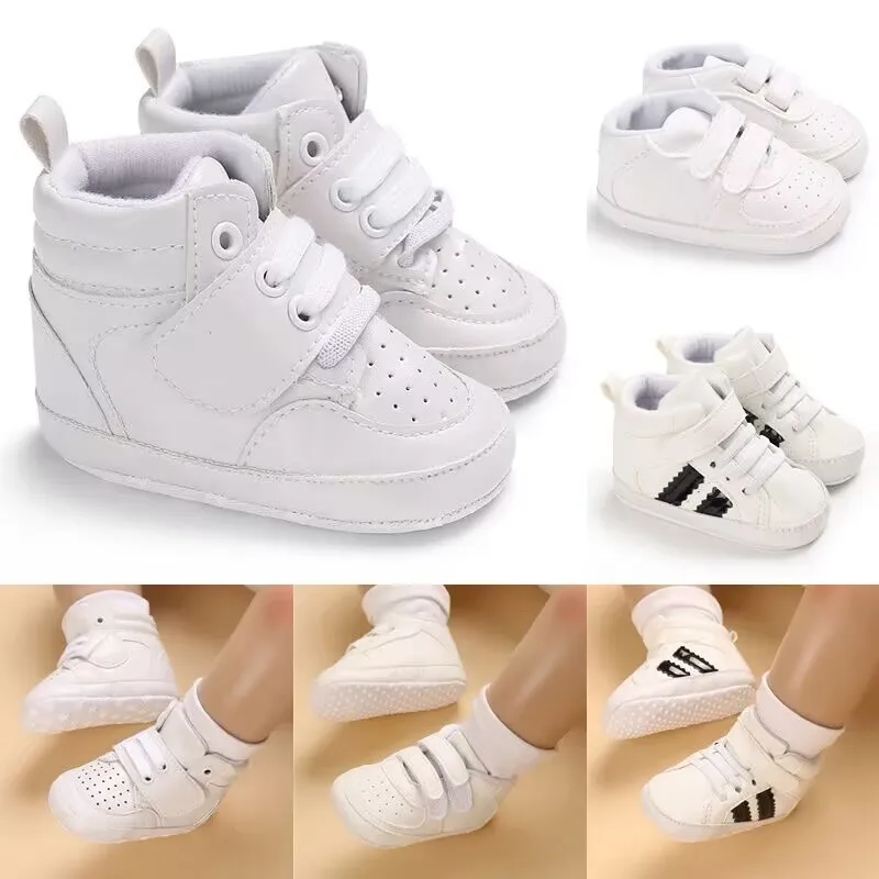 

Newborn Baby Shoes Boy Girl Classical Sport Soft Sole PU Leather Solid Color First Walker Casual Sneakers White Baptism Shoes