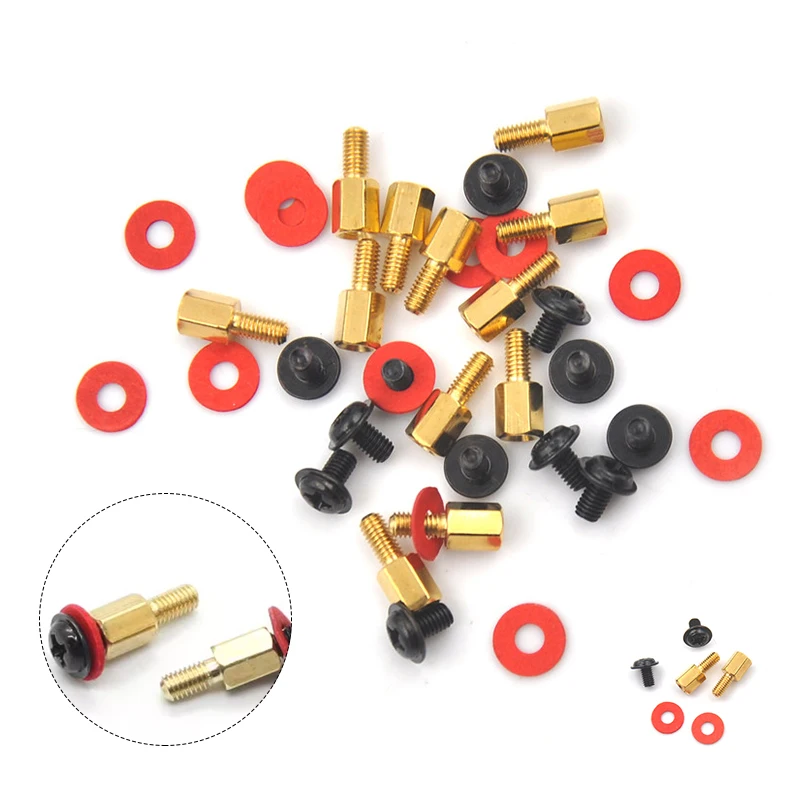 36pcs( 12x Screw+12x Motherboard Riser +12x Washer) 6.5mm 6-32-M3 Computer Golden Motherboard Riser+Silver Screws + Red Washers