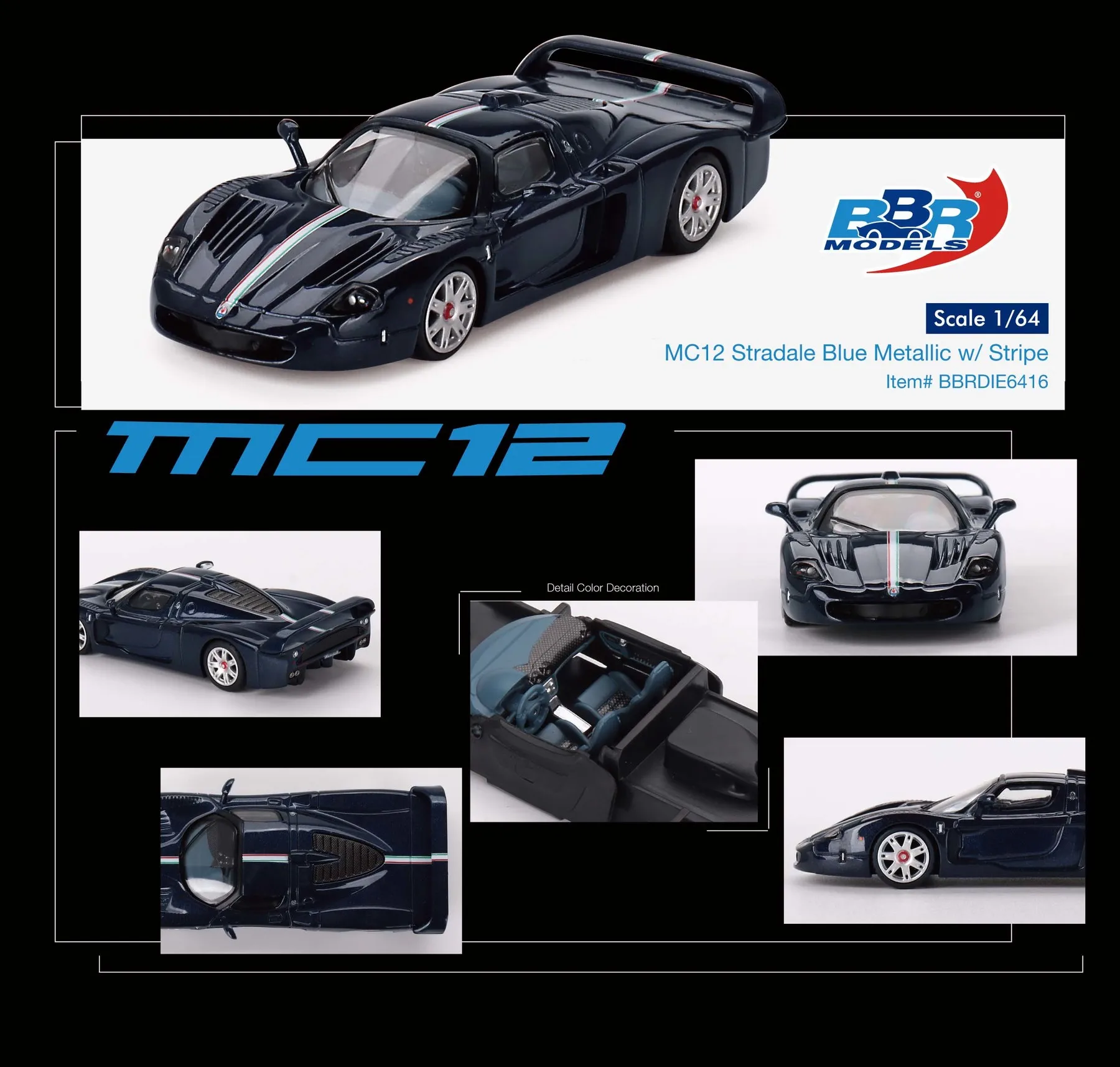 BBR In Stock 1:64 MC12 Stradale Blue Metallic W/ Stripe Diecast Diorama Car Model Collection Miniature Toys