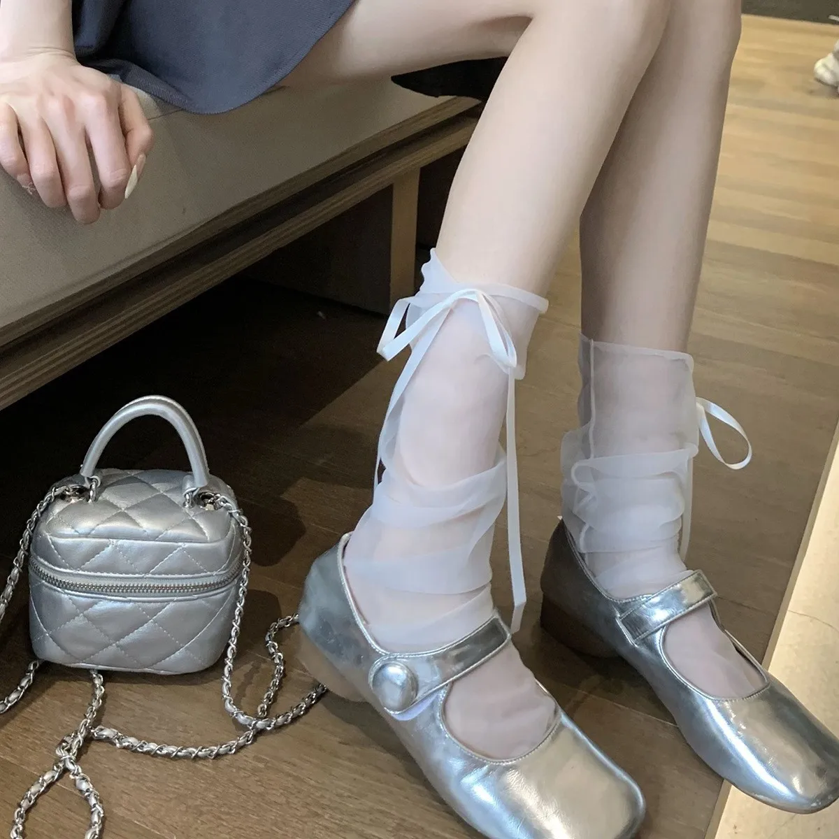 Korean Sweet Bow Calf Socks Women's Spring and Summer Sunscreen Mesh Medium Long Tube
