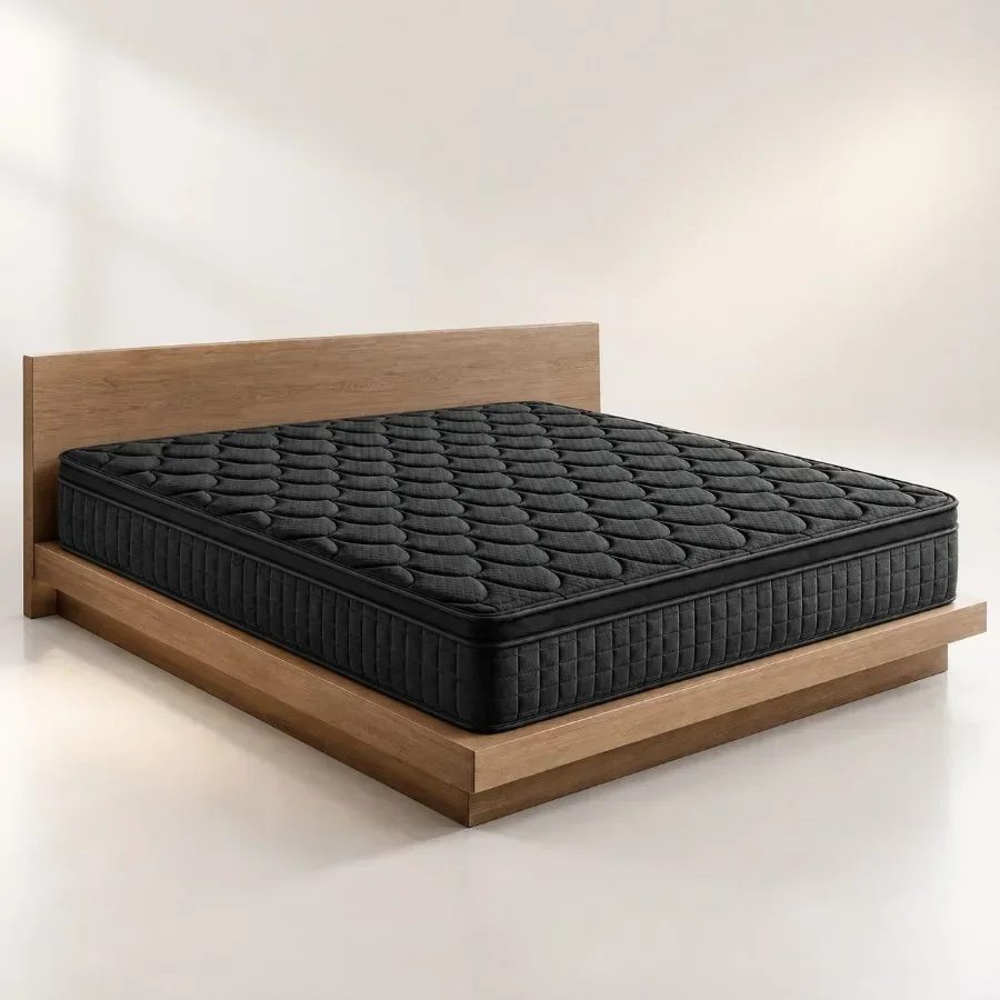 14 Inch Queen Mattress for Bedroom Use, Black Hybrid Mattress with Individually Pocketed Coils, Medium Firm Mattress in a Box F