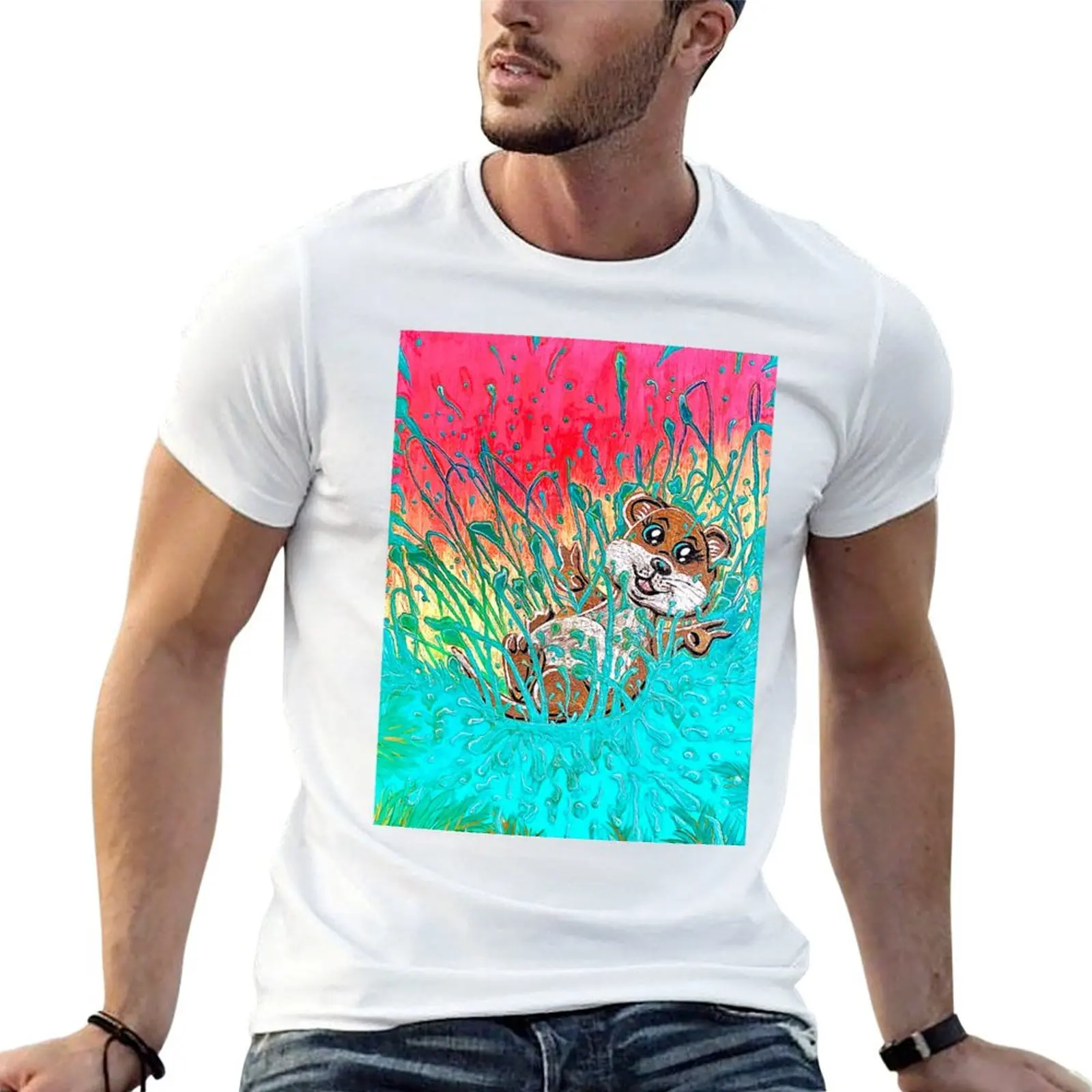 Happy Otter 2 Sunset Water T-Shirt Soft Stretch Short Sleeve Top