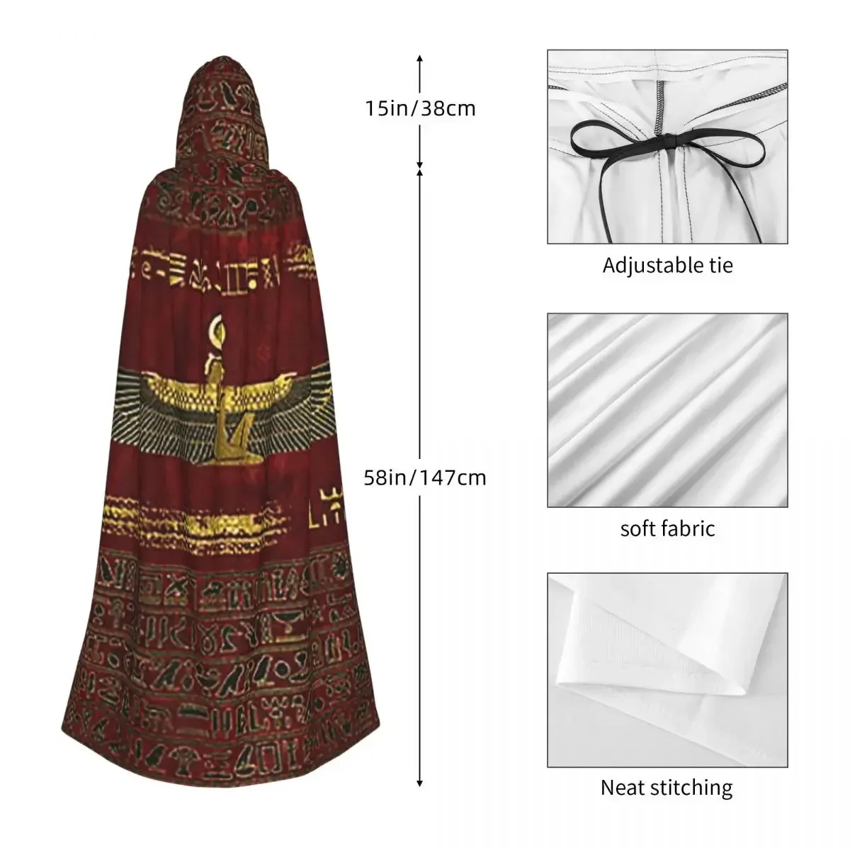 Customization Golden Egyptian God Ornament On Red Leather Long Hooded Cloak Witch Medieval Costume Cosplay Cape HalloweenCoat Ad
