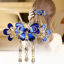 Fashion Rhinestone Hair Clip Barrettes Peacock Rose Flower Butterfly Ornaments Tassel Hairpins Clamps Hair Jewelry Accessories