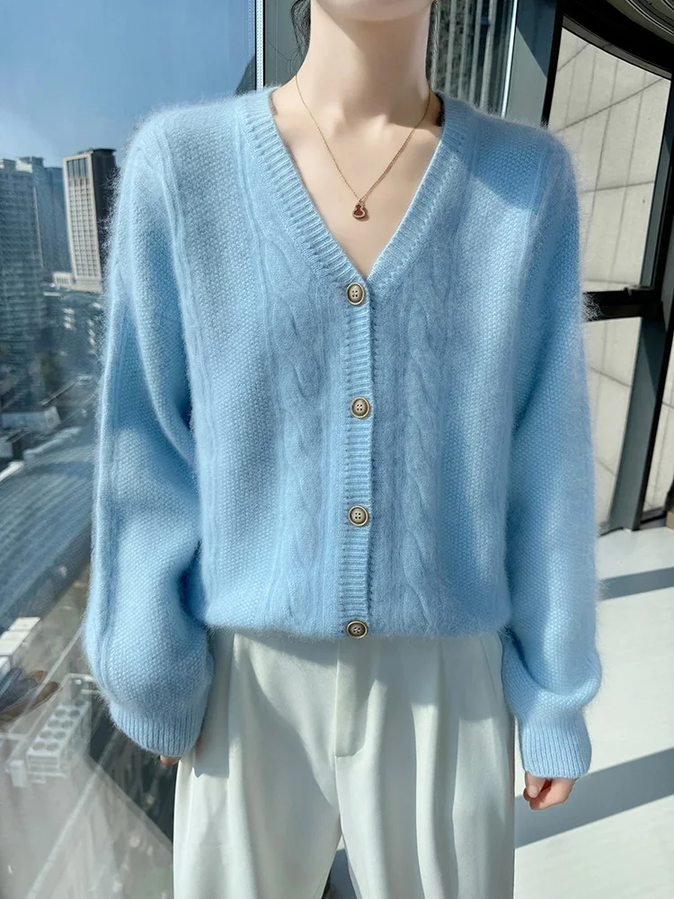 

TLOML женский осенне-зимний кардиган, свитера из 100% норки и кашемира, кардиган на пуговицах с v-образным вырезом, однотонный норковый трикотаж, мягкие супер теплые топы